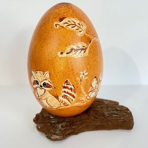 Vintage Artist Signed Hand Painted Duck Egg Woodland Creatures With stand